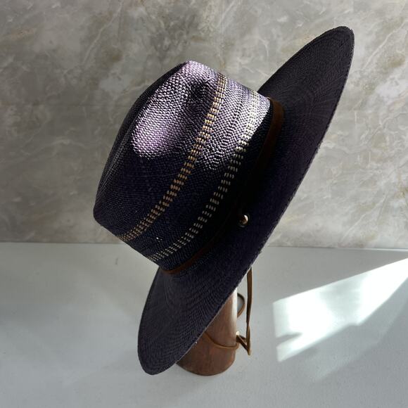 Freya Wide Brim Fedora Women's L Gazania Hat 100% Straw Purple Leather Band - Picture 4 of 16